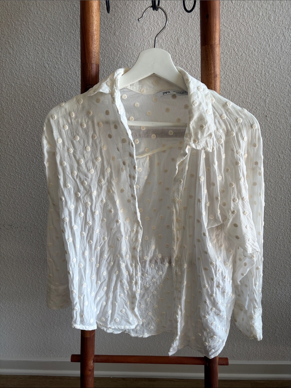 Zara Sheer White Dot-Textured Button Down Shirt